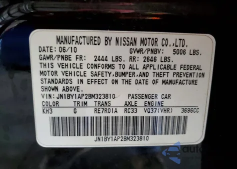 2011 Infiniti M37 z USA, uszkodzony, nr VIN JN1BY1AP2BM323810